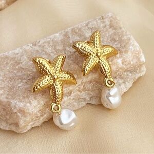 Stainless Steel Gold Starfish Pearl Drop Earrings